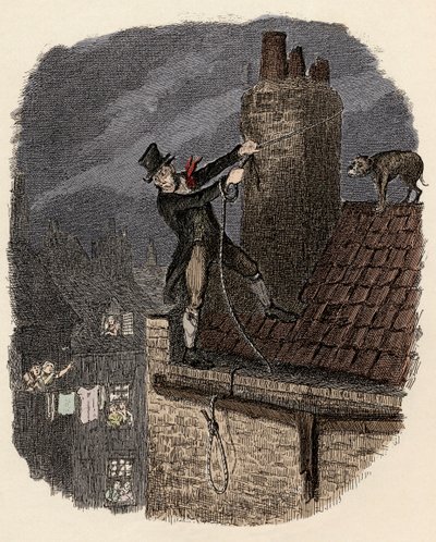 犬に追われて逃げようとするサイクス - 最後のチャンス - チャールズ・ディケンズ（1812-1870）の『オリバー・ツイスト』（『オリバー・ツイストの冒険』）の挿絵、ジョージ・クルイックシャンク（1792-1878）によるもの。 作： George Cruikshank