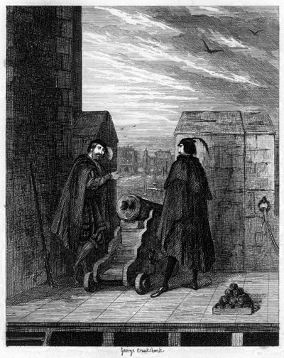 サイモン・レナードとホワイトタワーの屋根の監視員ウィンウィーク、1553 1840。 作： George Cruikshank
