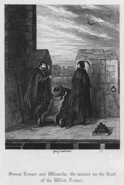 白い塔の屋根の上のシモン・ルナールと結界師ウィンワイク（エングレービング 作： George Cruikshank