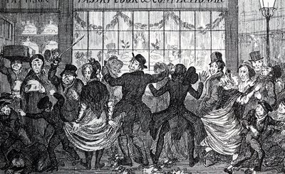 十二夜の菓子屋の前で人混みに紛れて大騒ぎするストリートウーマンたち 作： George Cruikshank