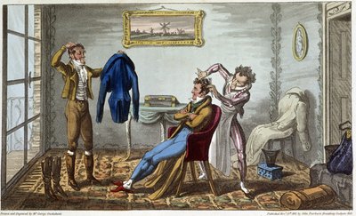 Tailleur et coiffeur à domicile - David Carey著「Life in Paris」（George Cruikshank編）に掲載されています。フェアバーン、ロンドン 作： George Cruikshank