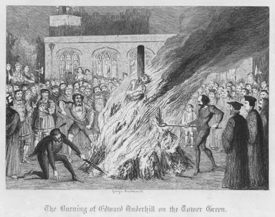 タワー・グリーンでのエドワード・アンダーヒルの焼身自殺(エングレーヴィング) 作： George Cruikshank