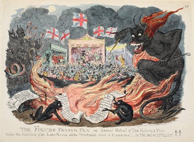 悪魔のフライパンまたはトム・フーラリー＆バイスの年次フェスティバル、パブ。 1832（手描きの彫刻） 作： George Cruikshank