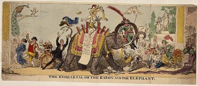 The Rehearsal or the Baron and the Elephant（リハーサル、あるいは男爵と象）」は、コヴェント・ガーデン劇場でケンブルが動物を使って凝った演出をしていたことを風刺した版画です。 作： George Cruikshank