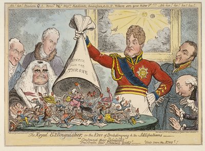 「王家の消火器、またはブロブディングナグとリリプティアンの王」、1821年 作： George Cruikshank
