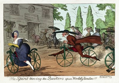 世俗的な虚栄心にクエーカー教徒を動かす精神！」、パブ。1819年（手彩色彫刻）。 作： George Cruikshank