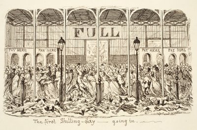 第1回シリングデー - 入る、パブ。1851年（彫刻）。 作： George Cruikshank
