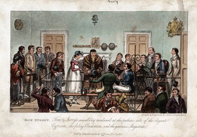 オブザーバーとしてのトムとジェリー、ボウ ストリート治安判事裁判所、ロンドン、1821 年 作： George Cruikshank
