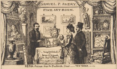 サミュエル・P・エイブリーのトレードカード -- 美術室、1873年、1873年。 作： ジョージ・クルクシャンク