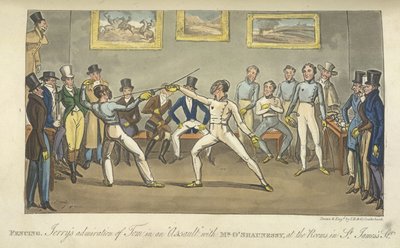 フェンシングをしている 2 人の男性、「ロンドンでの生活など」、ピアース イーガン 作： George Cruikshank