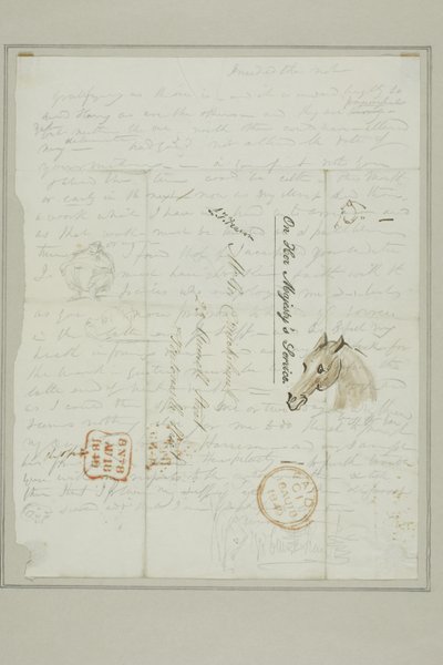 無題（クルイックシャンクの手紙と馬の頭部のスケッチ） 作： George Cruikshank