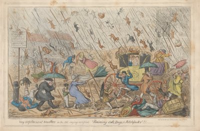 Tempo muito desagradável, ou, o velho ditado verificado "Chovendo gatos, cachorros e forcados."!!! 作： George Cruikshank