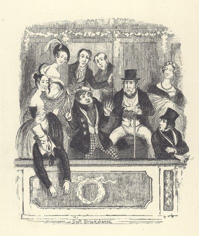 ロンドンの劇場でボックスに詰め寄るヴィクトリア朝の観客たち（エングレーヴィング 作： George Cruikshank