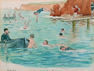 8月：水泳とダイビング（紙にペンとインクとトイレ） 作： George Derville Rowlandson