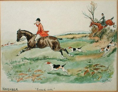 11月の月：狩猟（紙にペン、インク、水彩） 作： George Derville Rowlandson