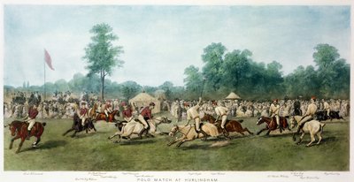 1877年7月7日、ハーリンガムでの馬の警備員（青）とモンマスシャーチームのポロマッチ 作： George Earl