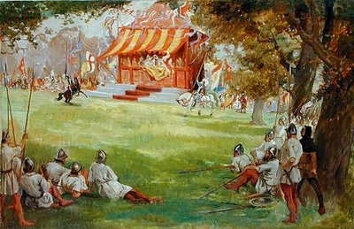 アーサー・コナン・ドイルズ（1859-1930）によるナイジェル卿と白の会社によるJoustingトーナメント（ボードに敷いたキャンバスに油彩）（140868も参照） 作： George Edmund Butler
