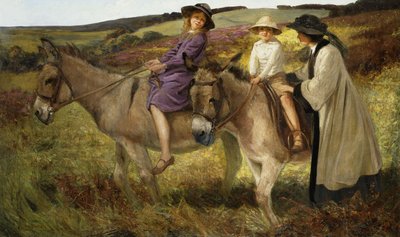 草原でロバに乗る二人の子供 作： George Edmund Butler