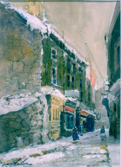 Winter, Clive Street, North Shields (カードに貼られた紙に木炭と水彩) 作： George Edward Horton