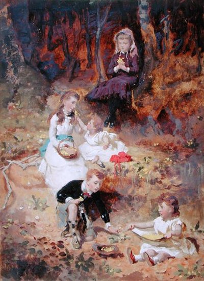 森で遊ぶ5人の子供たち（油彩・カード） 作： George Elgar Hicks
