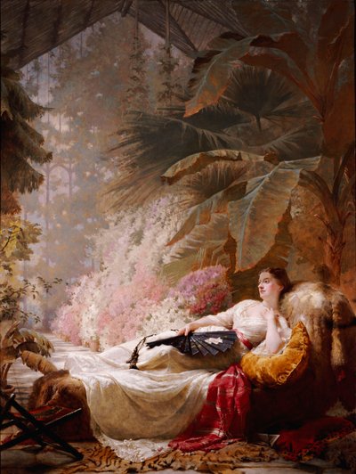 温室のソファーにリクライニングするアデレードマリアギネスの肖像、1885 作： George Elgar Hicks