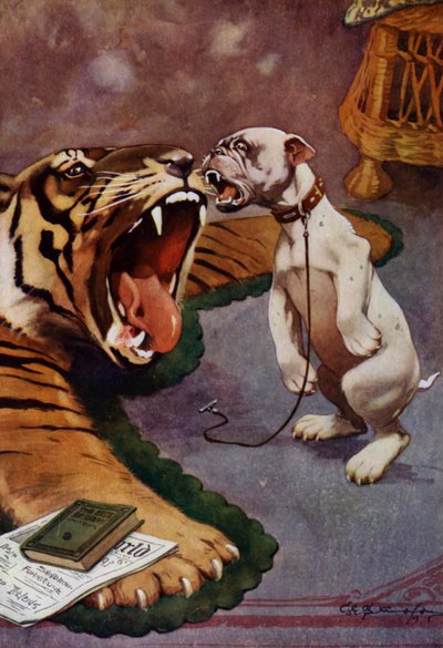 虎、虎 - 虎の敷物に吠える犬 (色リソ) 作： George Ernest (after) Studdy