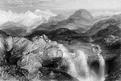 「ジュムナ川源流近くの滝」、1838 年。 作： George Francis White