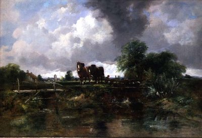 錠前をかける馬のいる森の川の風景（油彩・キャンバス 作： George Frederic Watts