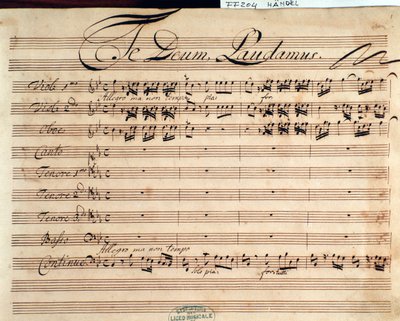 G・F・ヘンデル作曲「テ・デウム」の楽譜のタイトルページ 作： George Frederick Handel