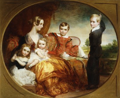 1843年にテラスで4人の子供を持つ女性のグループポートレート 作： George Frederick Watts