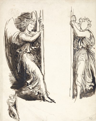 死の裁判所での天使の研究（グラファイト上のペンと茶色のインク） 作： George Frederick Watts