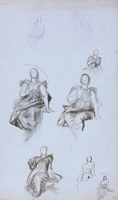 本が付いている着席人物の研究（ペンと茶色のインクと青い紙に黒鉛） 作： George Frederick Watts