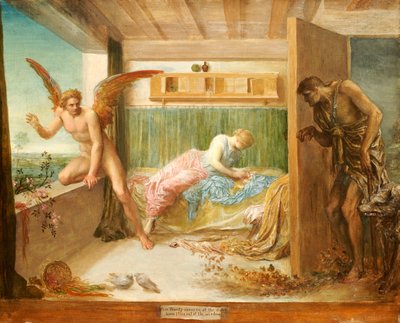 ドアで貧困が訪れると、1879年に窓から愛が飛び出します。 作： George Frederick Watts