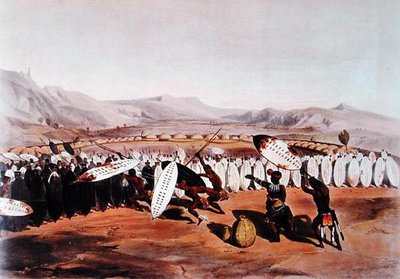 ノンデンゴで兵を見直すウンパンダ、J.ニーダムの彫刻、1849年頃（カラーリトグラフ） 作： George French (after) Angas