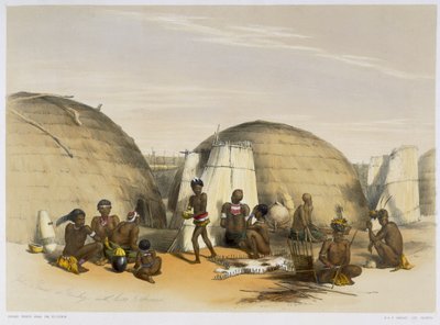 小屋とスクリーンのあるウムラジのズールクラール、1849年の「The Kafirs Illustrated」のプレート21 作： George French Angas