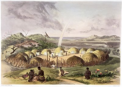 「ナタール、ウムラジ近くのズールー クラール」、1849 年 作： George French Angas