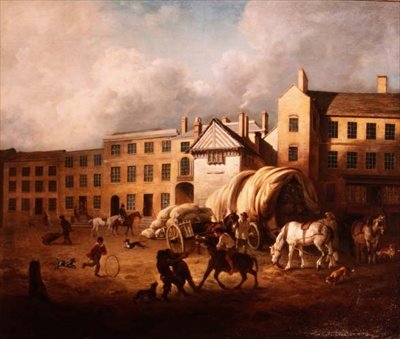 18世紀 庭に人物と馬がいる町の風景 作： George Garrard