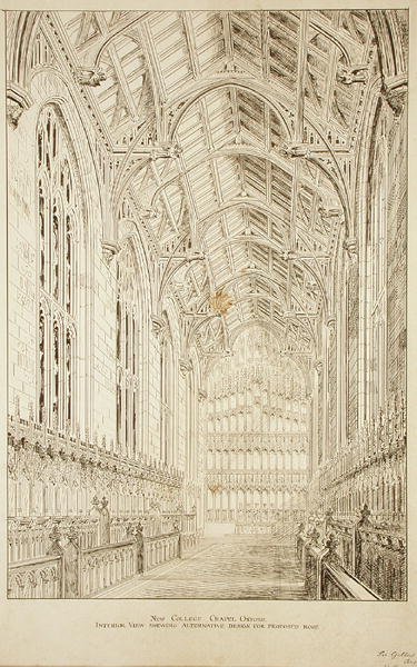 ニュー・カレッジ・チャペル。提案された屋根の代替デザインを示す内観 作： George Gilbert Scott