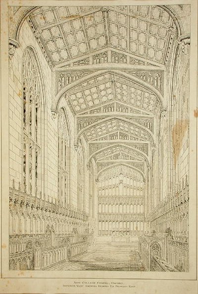 ニュー・カレッジ・チャペル。提案された屋根のデザインを示す内観 作： George Gilbert Scott