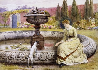 観賞用プールのそばの女性と犬 作： George Goodwin Kilburne