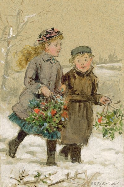 雪の中で遊んでいる子供たち-ホリーの収集（紙の上の白で強調されたトイレ）（ペアについては224240を参照） 作： George Goodwin Kilburne