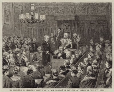 イラランドのグラッドストーン氏、市庁舎でのダブリン市の自由のプレゼンテーション 作： George Goodwin Kilburne