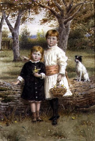 花のバスケットを持った二人の姉妹 作： George Goodwin Kilburne