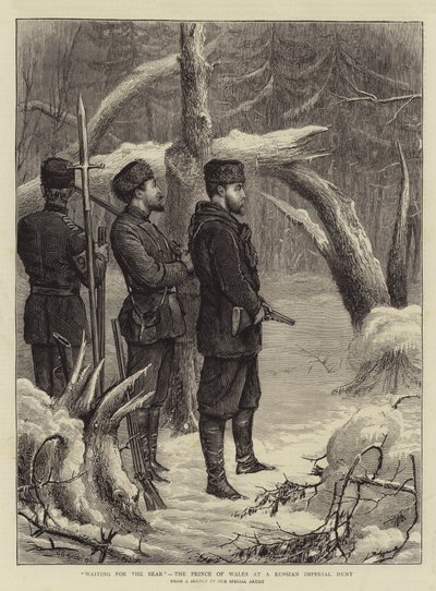 ロシア帝国狩りでクマ、プリンスオブウェールズを待っています。 作： George Goodwin Kilburne