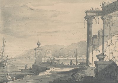 1811 年、右側に古典的な廃墟がある海岸の風景。 作： George Hawkins