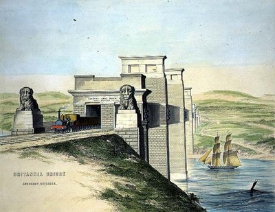 ブリタニア橋、アングレシーの入り口、画家が彫った、パブ。1849年カラーリトグラフ版（モノクロは109679参照 作： George Hawkins