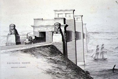 ブリタニア橋、アングレシーの入り口、画家が彫った、パブ。1849年（リトグラフ）（カラーは122445参照） 作： George Hawkins