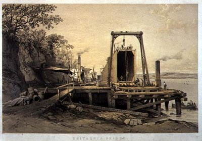 ブリタニア・ブリッジ、プラットフォームとチューブの建設、1848年9月、自作の彫刻、パブ。1849年（リトグラフ 作： George Hawkins