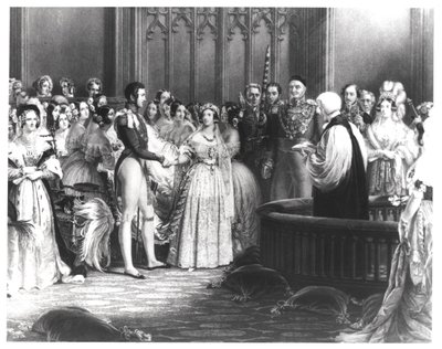1840年2月10日にセントジェームズ宮殿でビクトリア女王（1819-1901）とアルバート王子（1819-61）の結婚、1840年、チャールズエデンワグスタッフによって彫刻 作： George Hayter