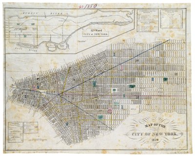 ニューヨーク市の地図、1850年（黒インク、カラーウォッシュ付き、紙の上） 作： George Hayward